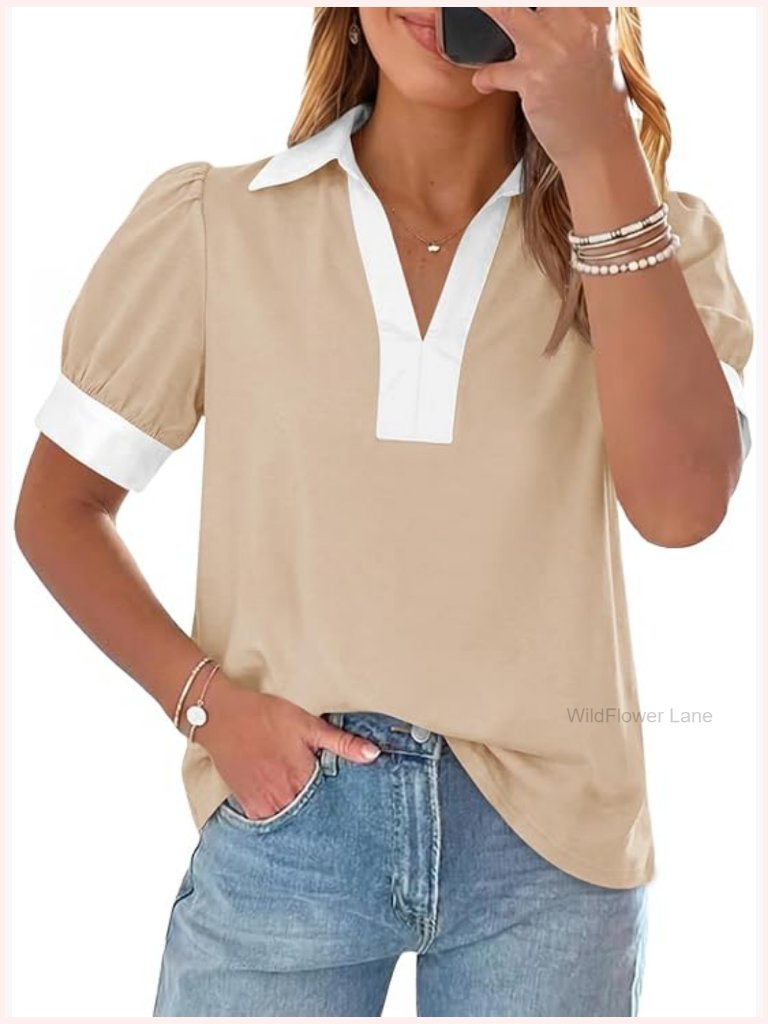 Color Block Puff Sleeve Polo Shirt Lapel V Neck Blouse Summer Top